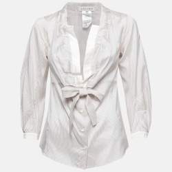 Pre Owned Celine White and Burgundy Silk Stripe Bow Front Blouse M