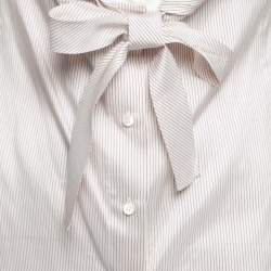 Pre Owned Celine White and Burgundy Silk Stripe Bow Front Blouse M