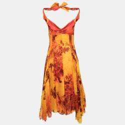 Pre Owned Celine Yellow and Orange Floral Printed Silk Dress S