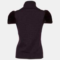 Pre Owned Celine Dark Purple Cashmere Knit Fur Sleeve Wrap Sweater M
