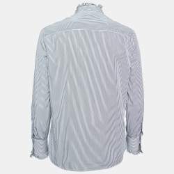 Pre Owned Celine Black & White Striped Cotton Frilled Collar Shirt M