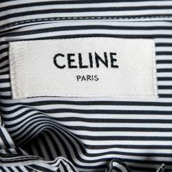Pre Owned Celine Black & White Striped Cotton Frilled Collar Shirt M