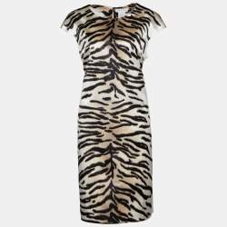 Pre Owned Céline Monochrome Animal Print Satin Sheath Dress L