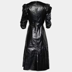 Pre Owned Celine Black Leather Ruched Sleeve Midi Dress S