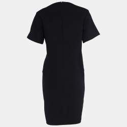 Pre Owned Celine Black Crepe Wool Leather Detail Shift Dress M