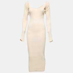 Pre Owned Celine Cream Ribbed Knit Long Bodycon Dress S