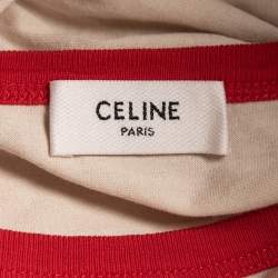 Celine Beige/Red Printed Cotton Half Sleeve Crew Neck T-Shirt M