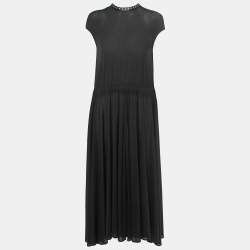 Celine Black Jersey Studded Leather Trimmed Sleeveless Flared Maxi Dress M