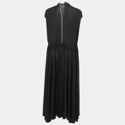 Celine Black Jersey Studded Leather Trimmed Sleeveless Flared Maxi Dress M