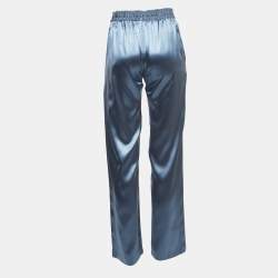 Pre Owned Celine Blue Logo Embroidered Satin Drawstring Wide Leg Pants S