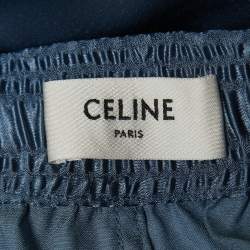 Pre Owned Celine Blue Logo Embroidered Satin Drawstring Wide Leg Pants S