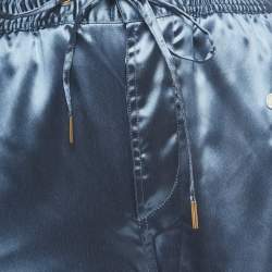 Pre Owned Celine Blue Logo Embroidered Satin Drawstring Wide Leg Pants S