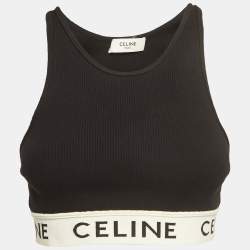 Celine Black Logo Intarsia Hem Rib Knit Halter Neck Crop Top S