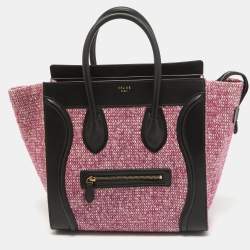 Pre Owned Celine Black/Fuchsia Knit Fabric and Leather Mini Luggage Tote