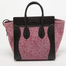 Pre Owned Celine Black/Fuchsia Knit Fabric and Leather Mini Luggage Tote