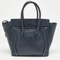 Pre Owned Celine Navy Blue Leather Micro Luggage Tote