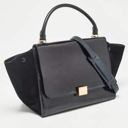 Pre Owned Celine Black Patent Leather and Suede Medium Trapeze Top Handle Bag