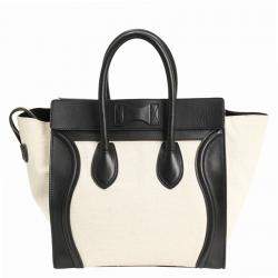 Pre Owned Celine Cream/Black Canvas and Leather Mini Luggage Tote