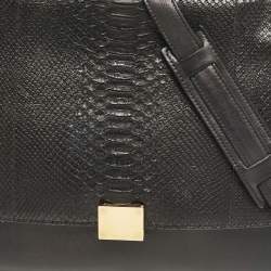 Pre Owned Celine Black/Beige Python and Leather Medium Trapeze Top Handle Bag