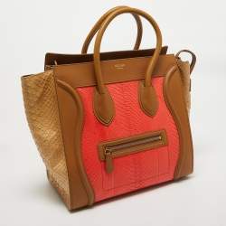 Celine Brown/Coral Orange Python and Leather Mini Luggage Tote