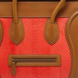 Celine Brown/Coral Orange Python and Leather Mini Luggage Tote