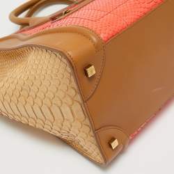 Celine Brown/Coral Orange Python and Leather Mini Luggage Tote