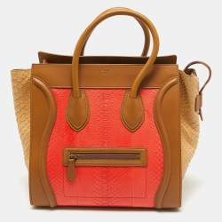 Celine Brown/Coral Orange Python and Leather Mini Luggage Tote