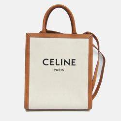 Celine Camel/Off-White Leather and Canvas Vertical Cabas Tote Bag