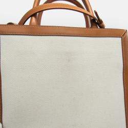 Celine Camel/Off-White Leather and Canvas Vertical Cabas Tote Bag