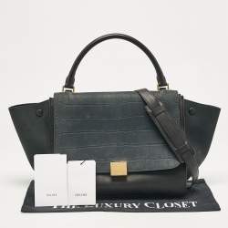 Pre Owned Celine Black Croc Embossed Nubuck and Leather Medium Trapeze Bag