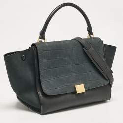 Pre Owned Celine Black Croc Embossed Nubuck and Leather Medium Trapeze Bag
