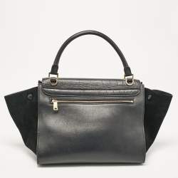 Celine Black Croc Embossed Leather and Suede Medium Trapeze Top Handle Bag