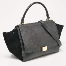 Celine Black Croc Embossed Leather and Suede Medium Trapeze Top Handle Bag