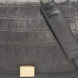 Celine Black Croc Embossed Leather and Suede Medium Trapeze Top Handle Bag