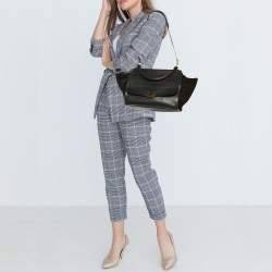 Pre Owned Celine Black Croc Embossed Leather and Suede Medium Trapeze Top Handle Bag