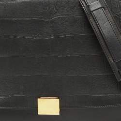 Pre Owned Celine Black Croc Embossed Leather and Suede Medium Trapeze Top Handle Bag