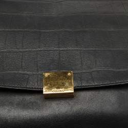 Pre Owned Celine Black Croc Embossed Leather and Suede Medium Trapeze Top Handle Bag