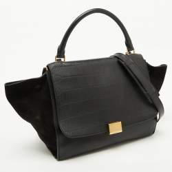 Pre Owned Celine Black Croc Embossed Leather and Suede Medium Trapeze Top Handle Bag