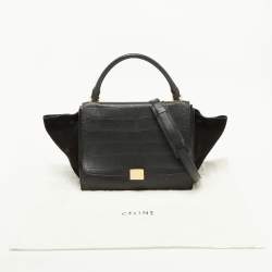 Pre Owned Celine Black Croc Embossed Leather and Suede Medium Trapeze Top Handle Bag