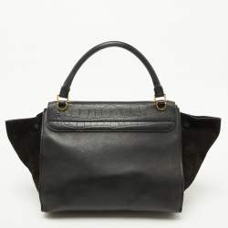 Pre Owned Celine Black Croc Embossed Leather and Suede Medium Trapeze Top Handle Bag