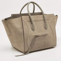 Pre Owned Celine Beige Croc Embossed Nubuck Leather Medium Phantom Luggage Tote