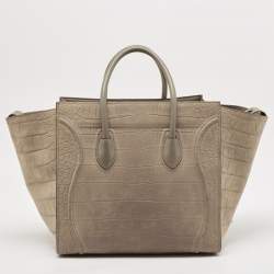 Pre Owned Celine Beige Croc Embossed Nubuck Leather Medium Phantom Luggage Tote
