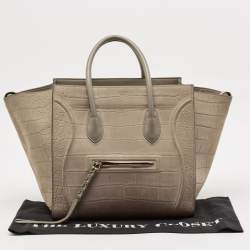 Pre Owned Celine Beige Croc Embossed Nubuck Leather Medium Phantom Luggage Tote