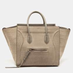 Pre Owned Celine Beige Croc Embossed Nubuck Leather Medium Phantom Luggage Tote