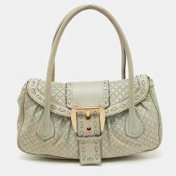 Celine Light Grey Perforated Leather Buckle Detail Satchel