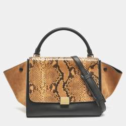 Celine Orange/Black Python, Leather and Suede Medium Trapeze Top Handle Bag