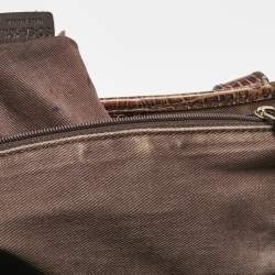 Pre Owned Celine Dark Brown Macadam Fabric and Croc Embossed Leather Tote