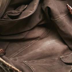 Pre Owned Celine Dark Brown Macadam Fabric and Croc Embossed Leather Tote