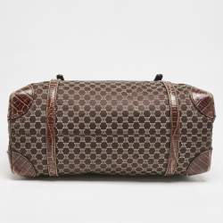 Pre Owned Celine Dark Brown Macadam Fabric and Croc Embossed Leather Tote