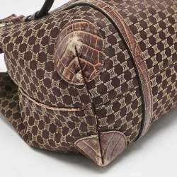 Pre Owned Celine Dark Brown Macadam Fabric and Croc Embossed Leather Tote
